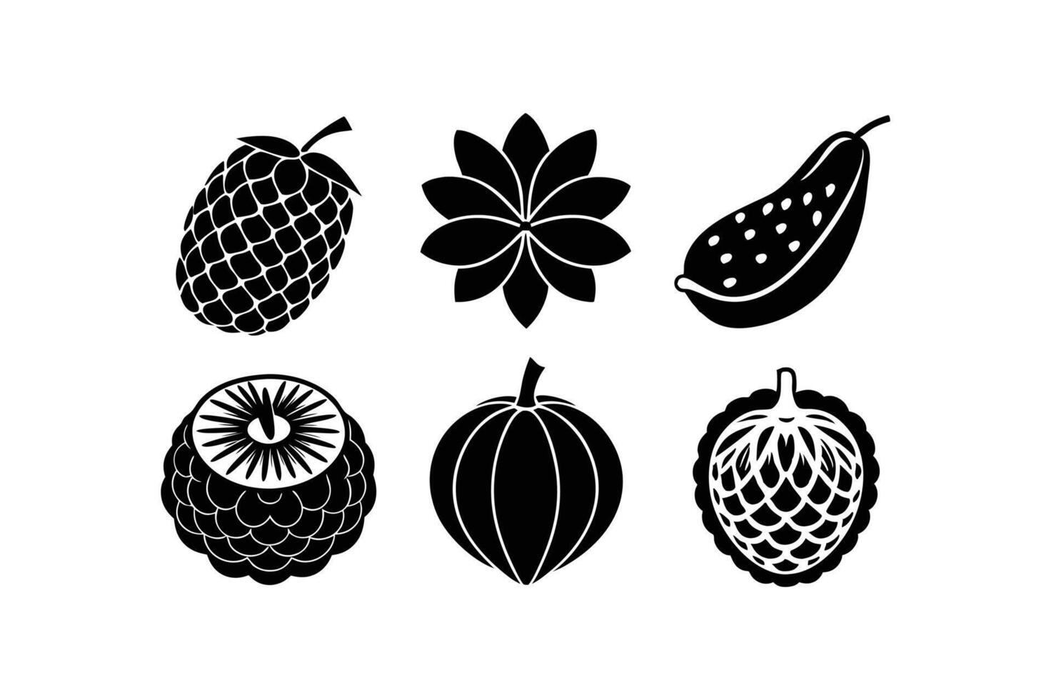 Exotic Fruit Silhouette Icons Set Snake Fruit, Miracle Fruit vector