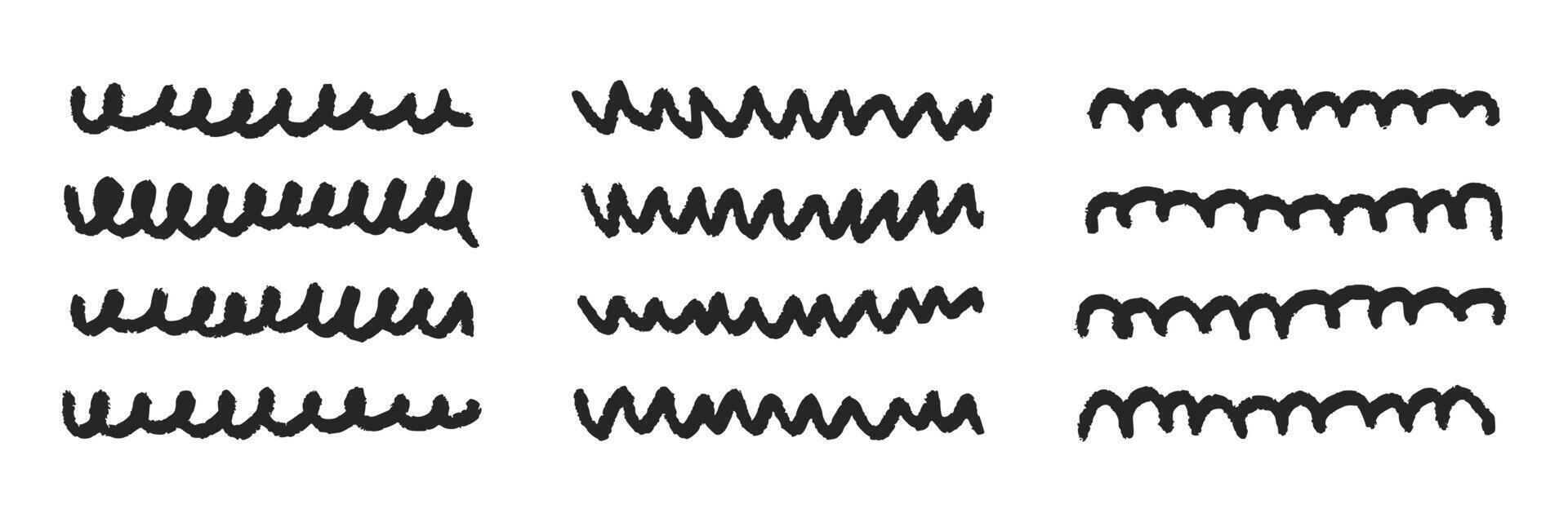 Chalk lines, pencil underlines, crayon stroke by pen, squiggly marker lines, brush scribbles. black charcoal hand drawn sketch elements. vector