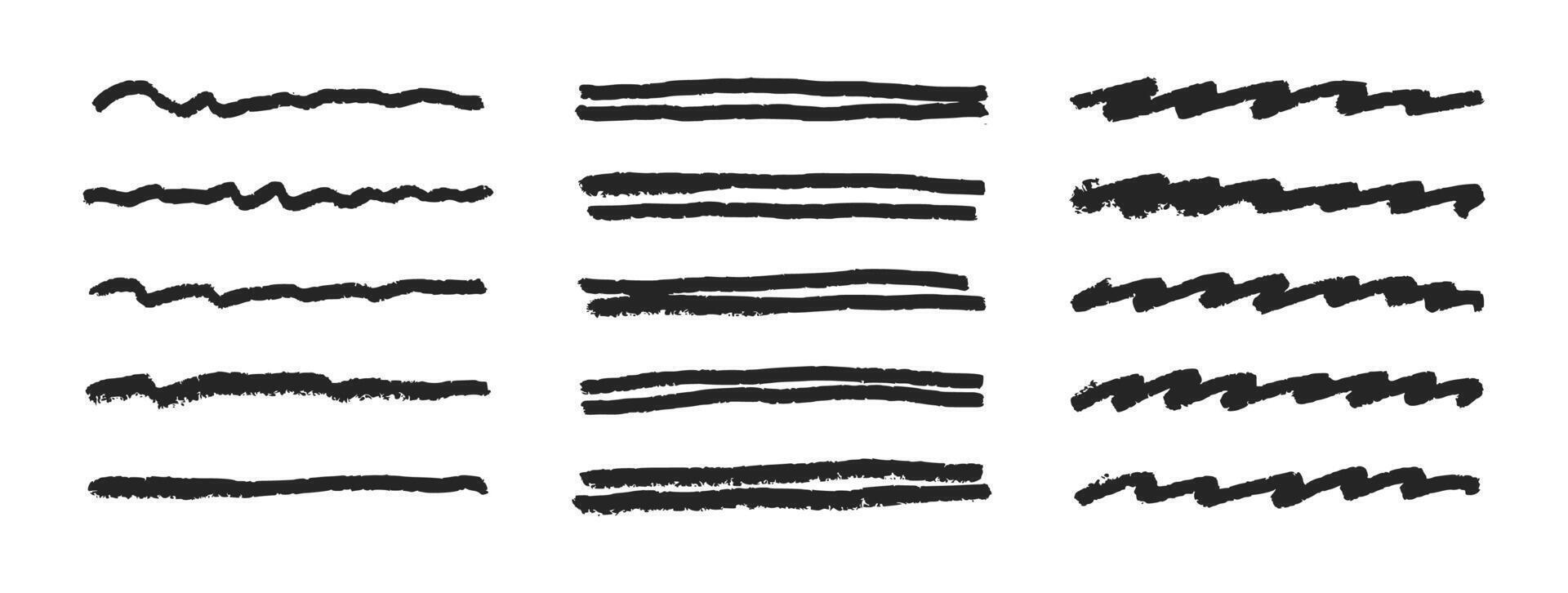 Chalk lines, pencil underlines, crayon stroke by pen, squiggly marker lines, brush scribbles. black charcoal hand drawn sketch elements. vector