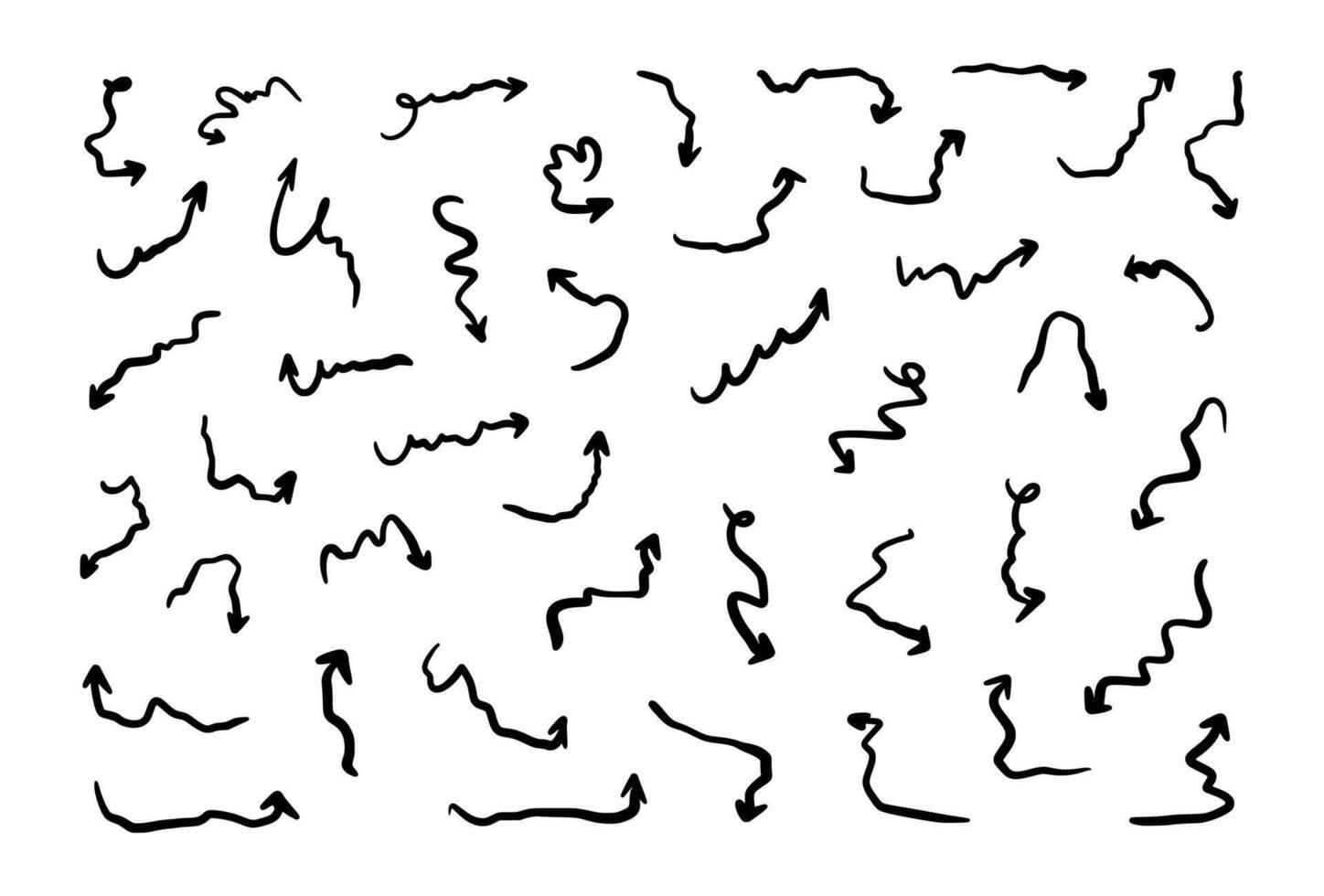 Squiggly arrow doodle set. Hand drawn line fun playful bounce icons, black jump thick motion design elements. Movement symbol vector
