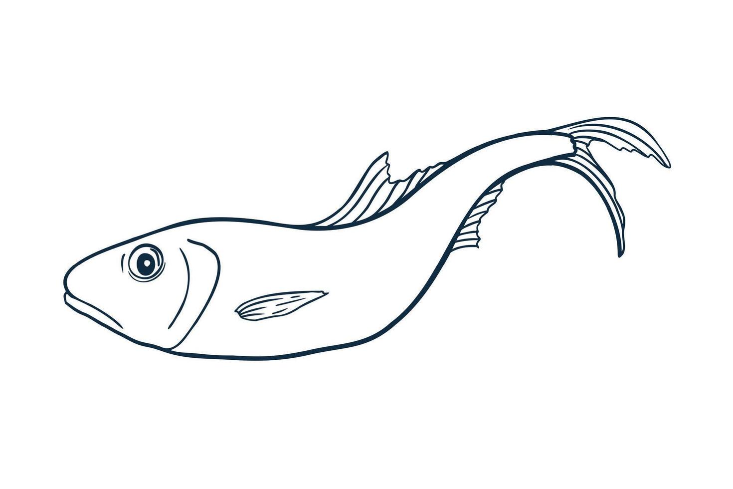Sardine illustration in black and white hand drawn. Minimalist herring line art for seafood packaging, logos, and prints. Simple monochrome sprat contour drawing for marine-themed designs. vector