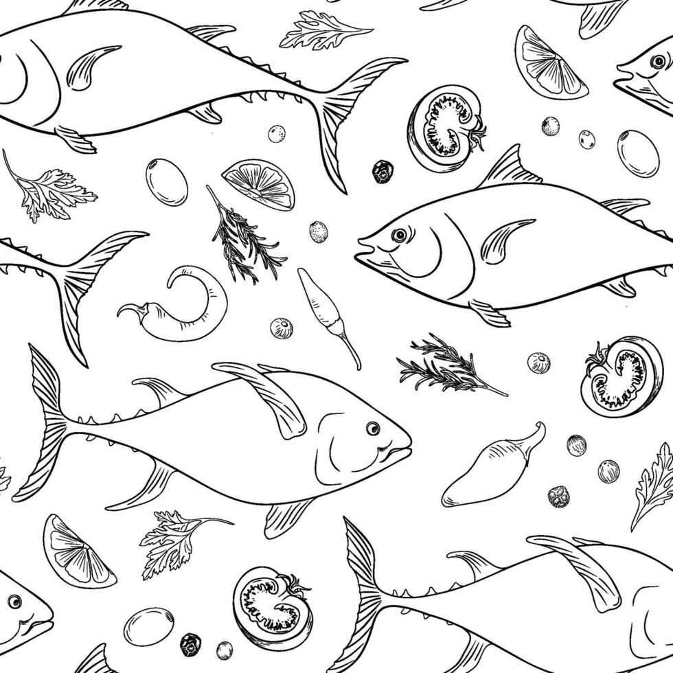 Sea fish tuna and vegetables monochrome seamless pattern hand drawn. Kingfish black white contour drawing. Fishes, herbs, tomatoes and jalapeno graphic linear style for prints, wrapping paper. vector