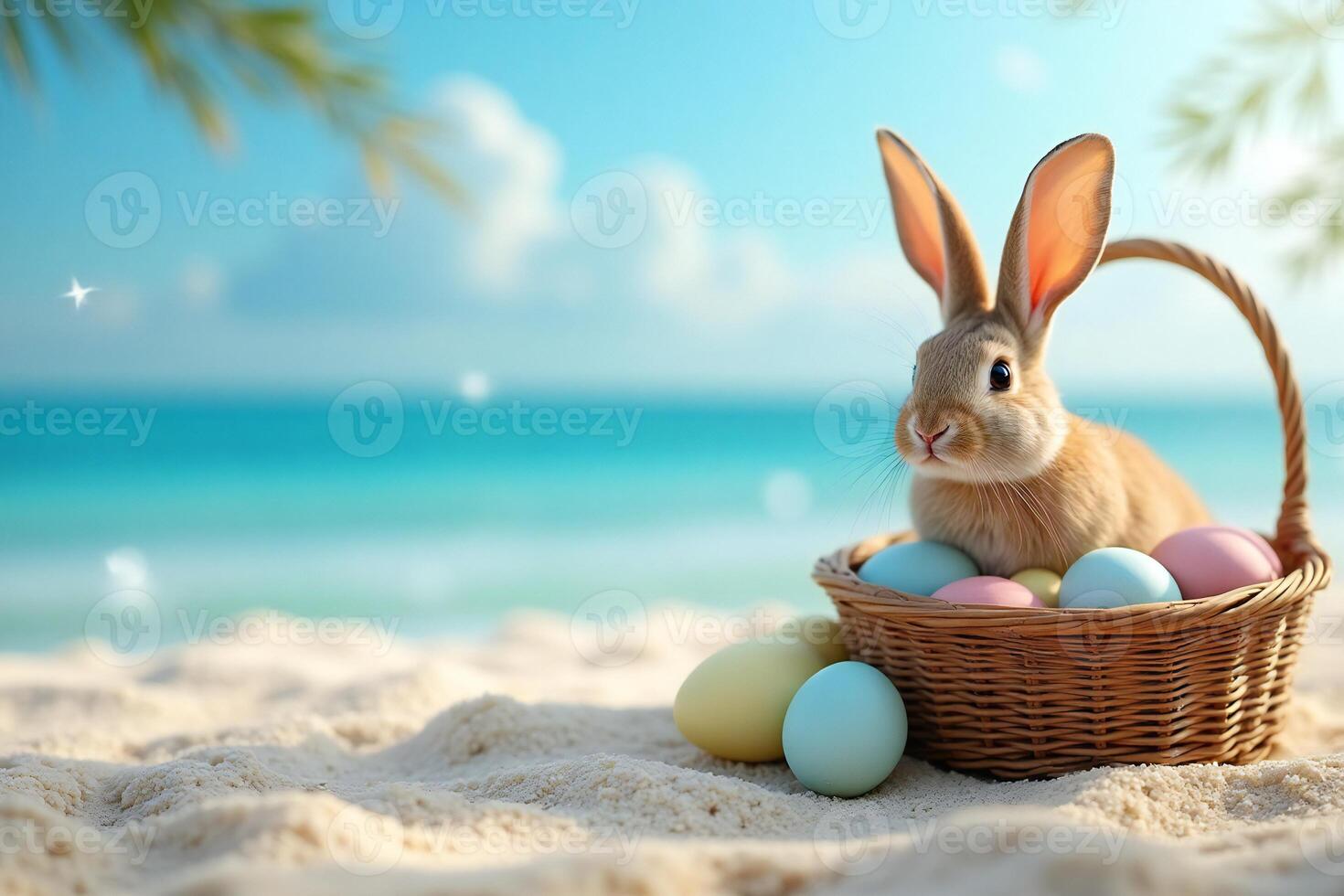 Easter Bunny and Basket of Colorful Eggs with Beach Background. photo