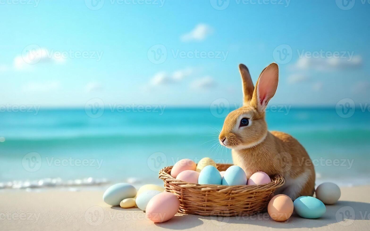 Easter Bunny and Basket of Colorful Eggs in Beach. photo