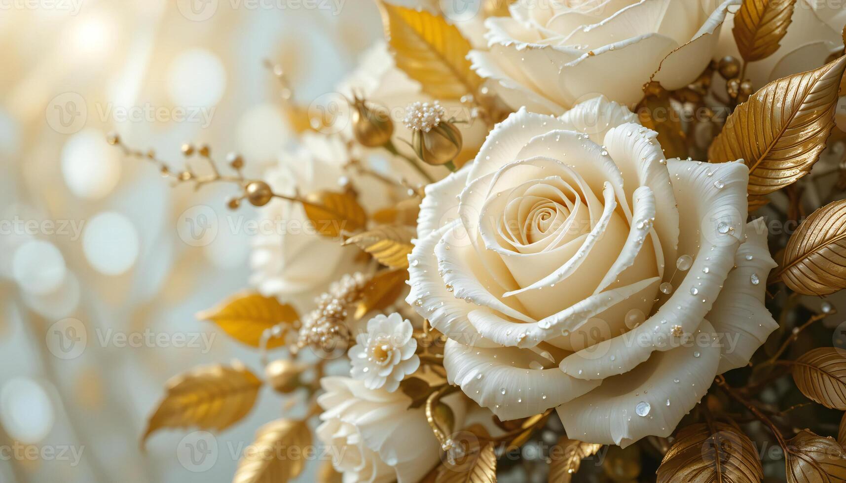 Elegant White Rose Flowers with Golden Leaves. photo