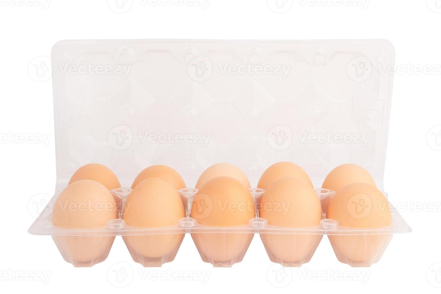 ten eggs in a plastic tray isolated on a white background photo