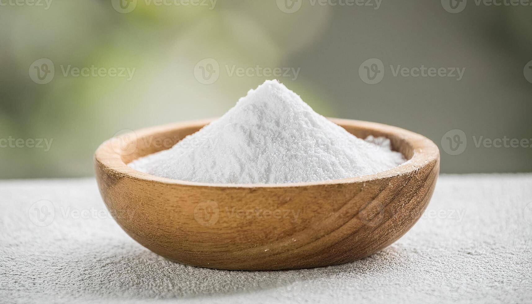 White color zinc oxide powder in small wooden bowl. Healthcare and medical supplement product. photo