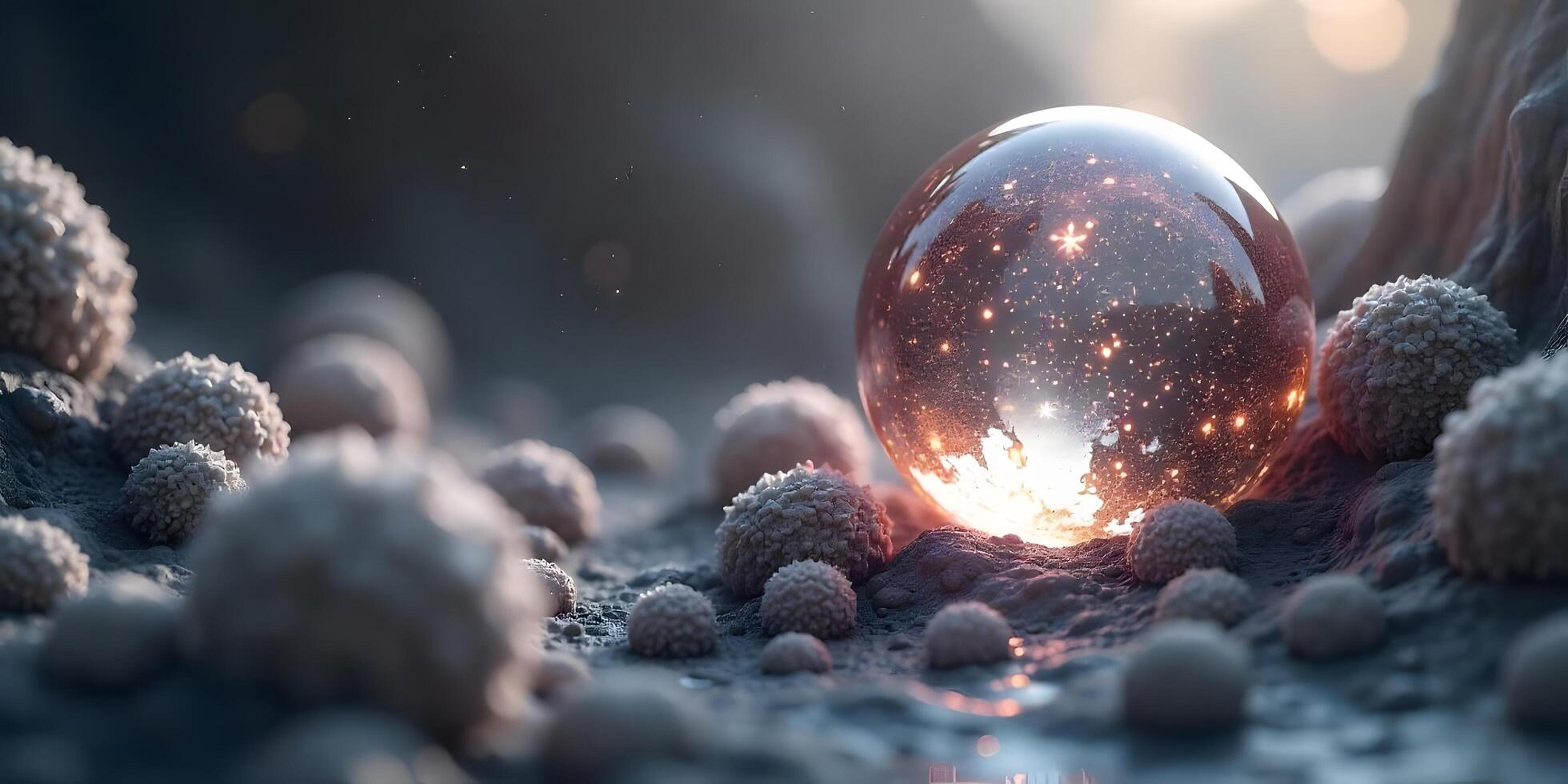 Glowing Orb Surrounded by Spheres Creates Magical and Mystical Atmosphere photo