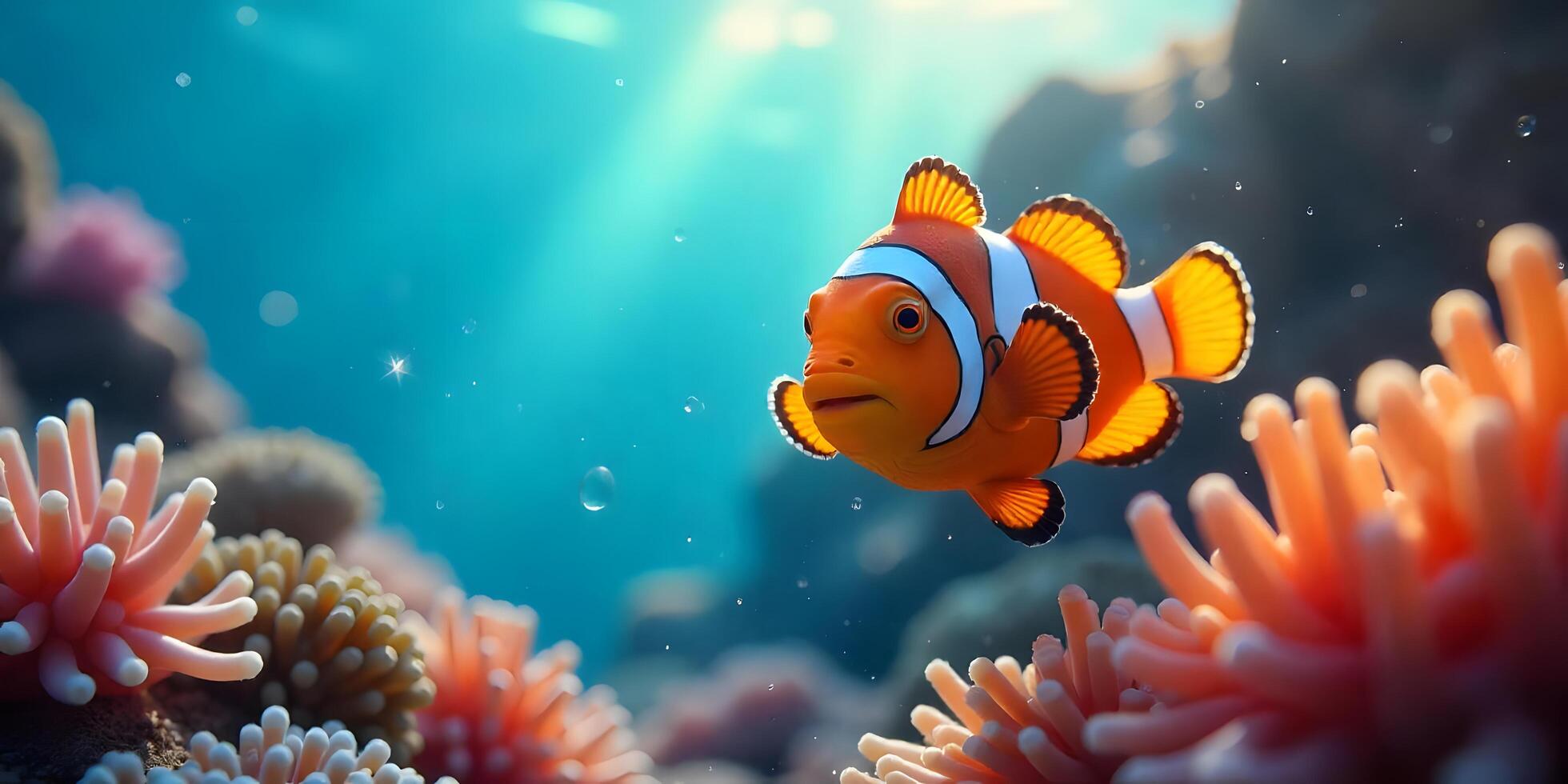 Clownfish Swimming in Coral Reef with Sunlight and Turquoise Water photo
