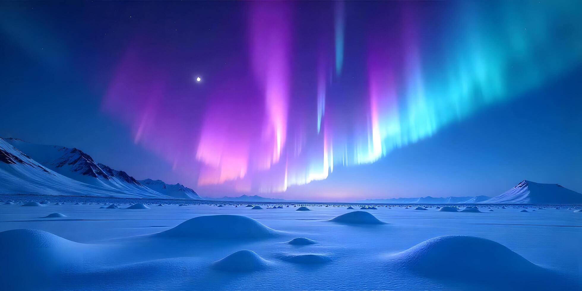 Majestic Aurora Borealis Display Over Snowy Landscape with Mountains photo