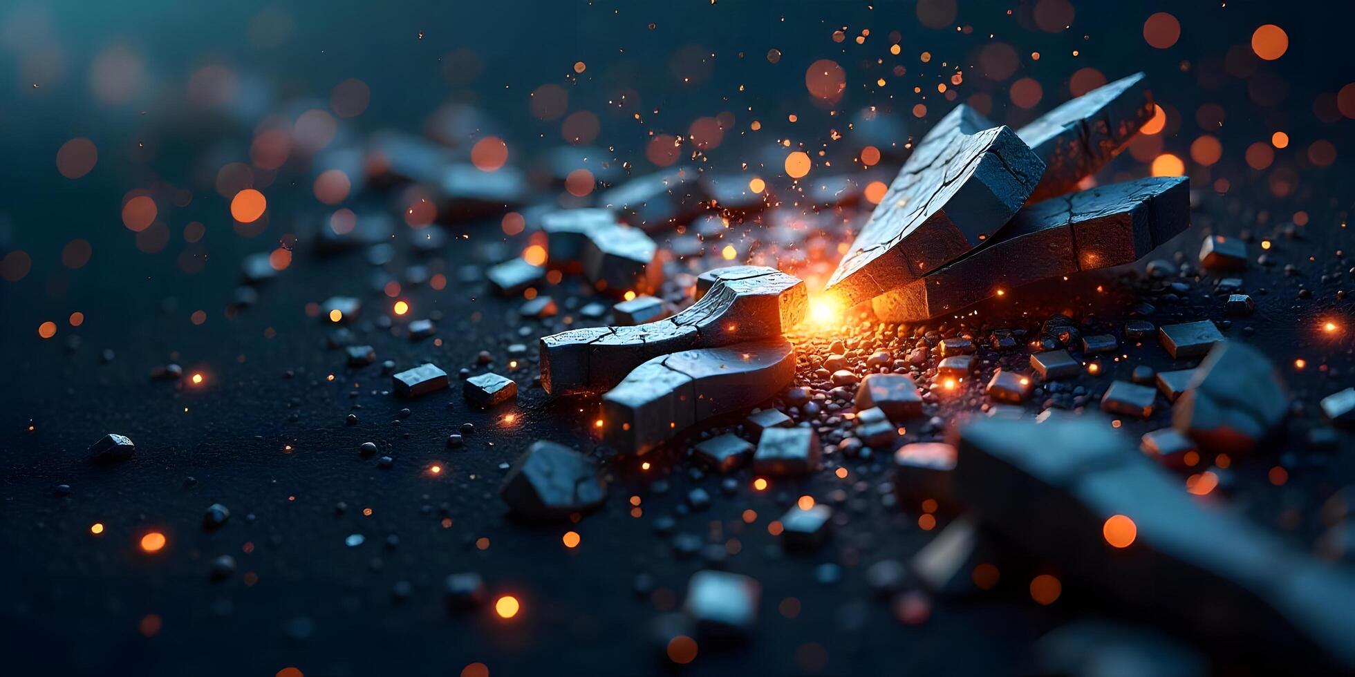 Broken Stone Fragments with Glowing Particles Create a Dynamic Abstract photo