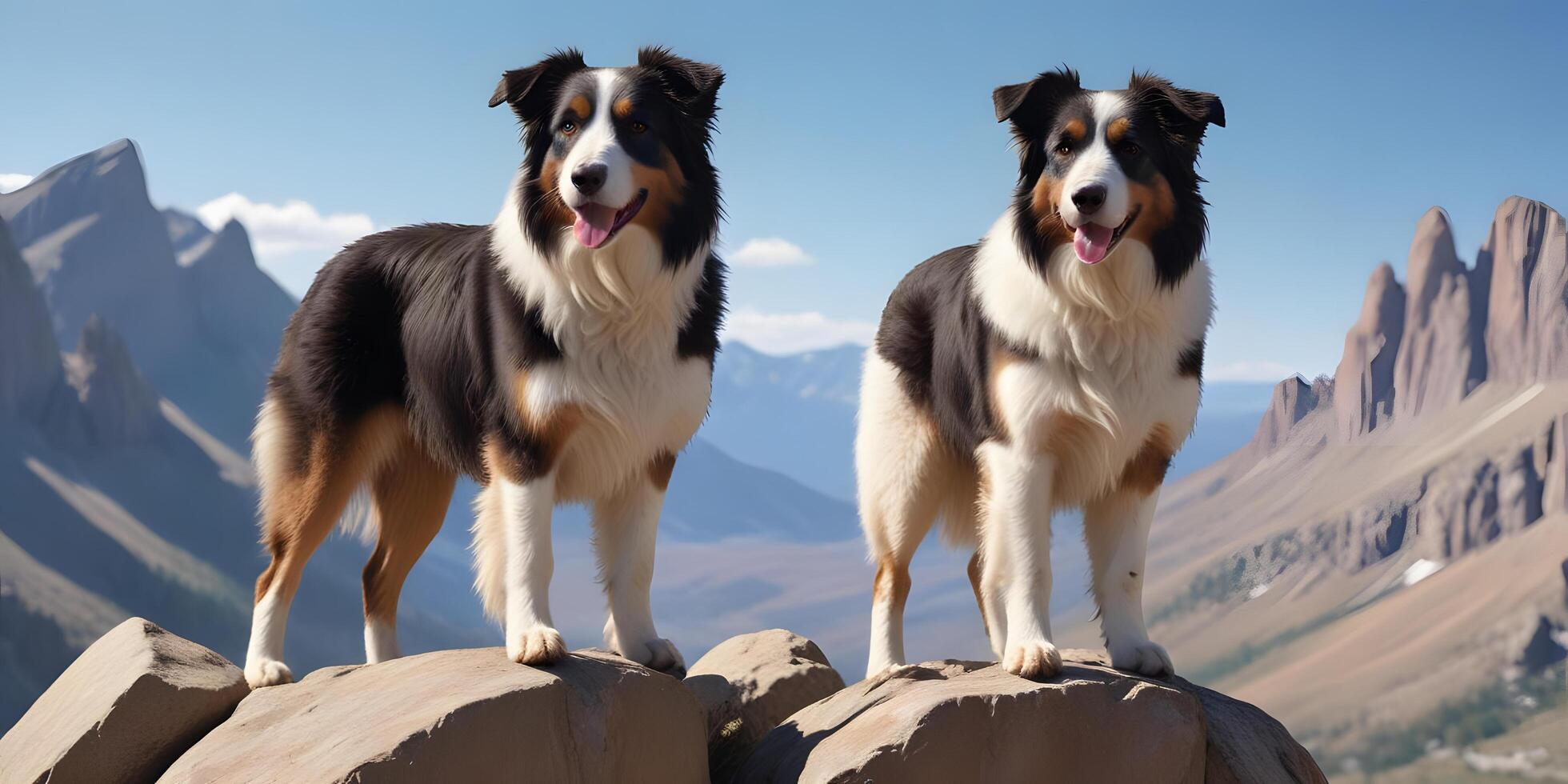Two Australian Shepherds Enjoying Mountain View Landscape on Sunny Day photo