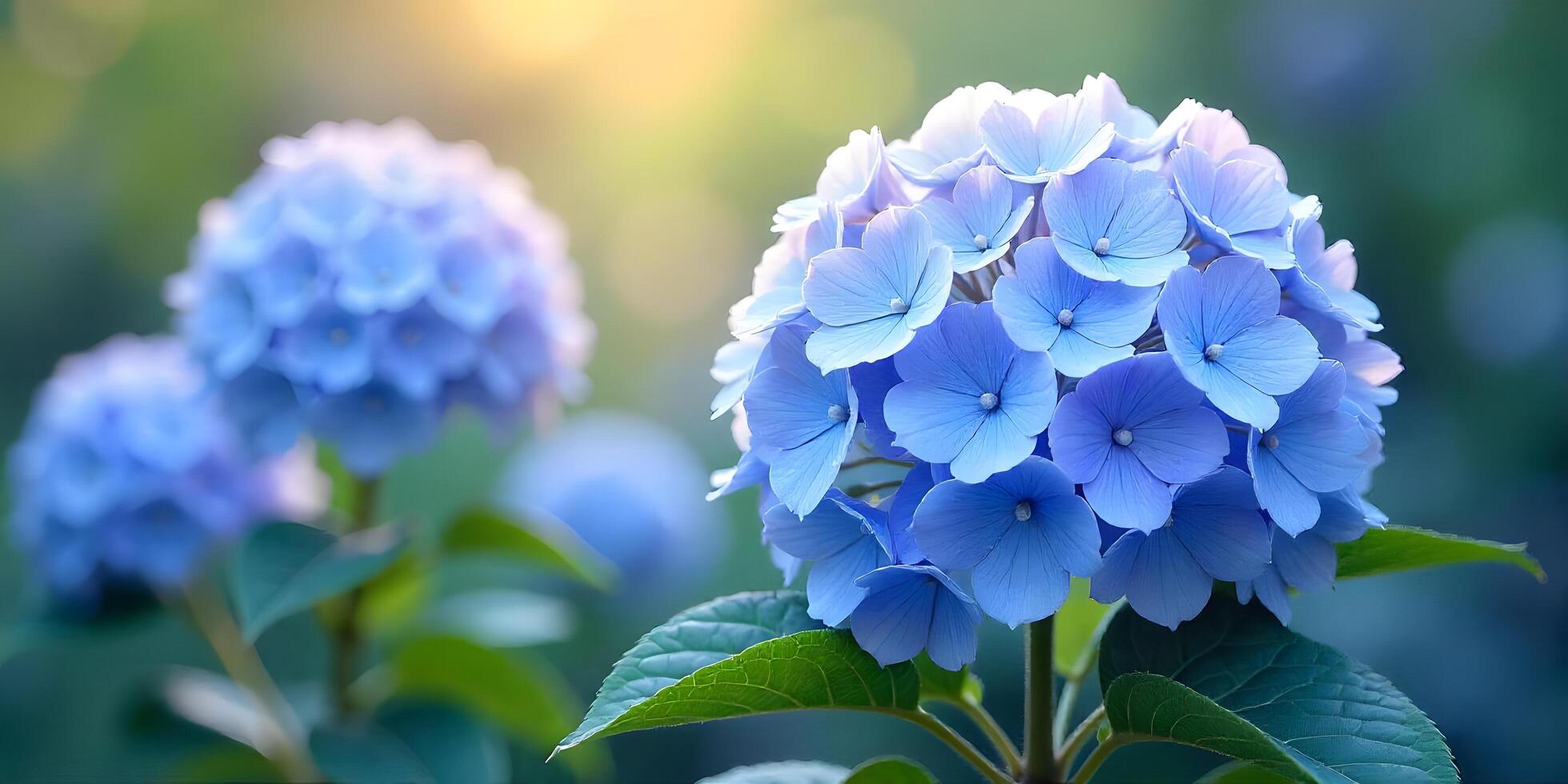 Blue Hydrangea Flowers Blooming in Garden with Soft Golden Light photo