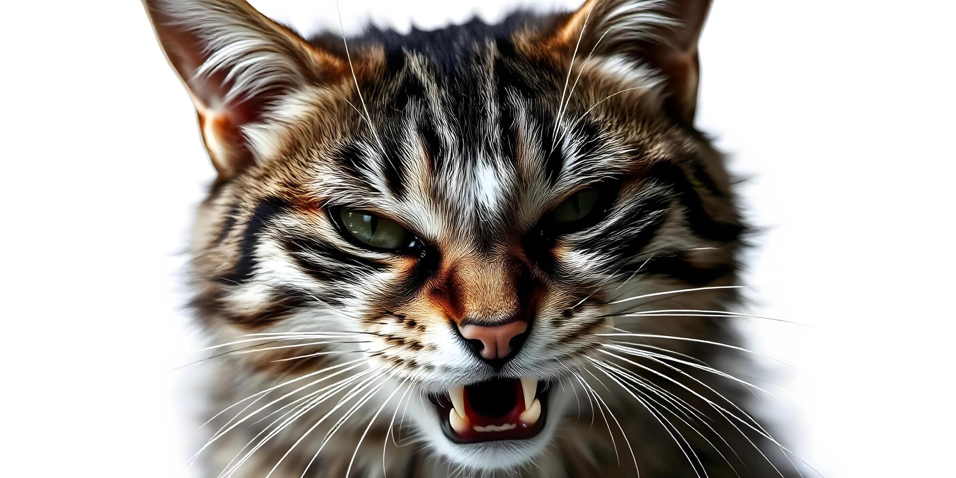 Angry Cat Showing Teeth Growling Menacingly with Green Eyes Closeup photo