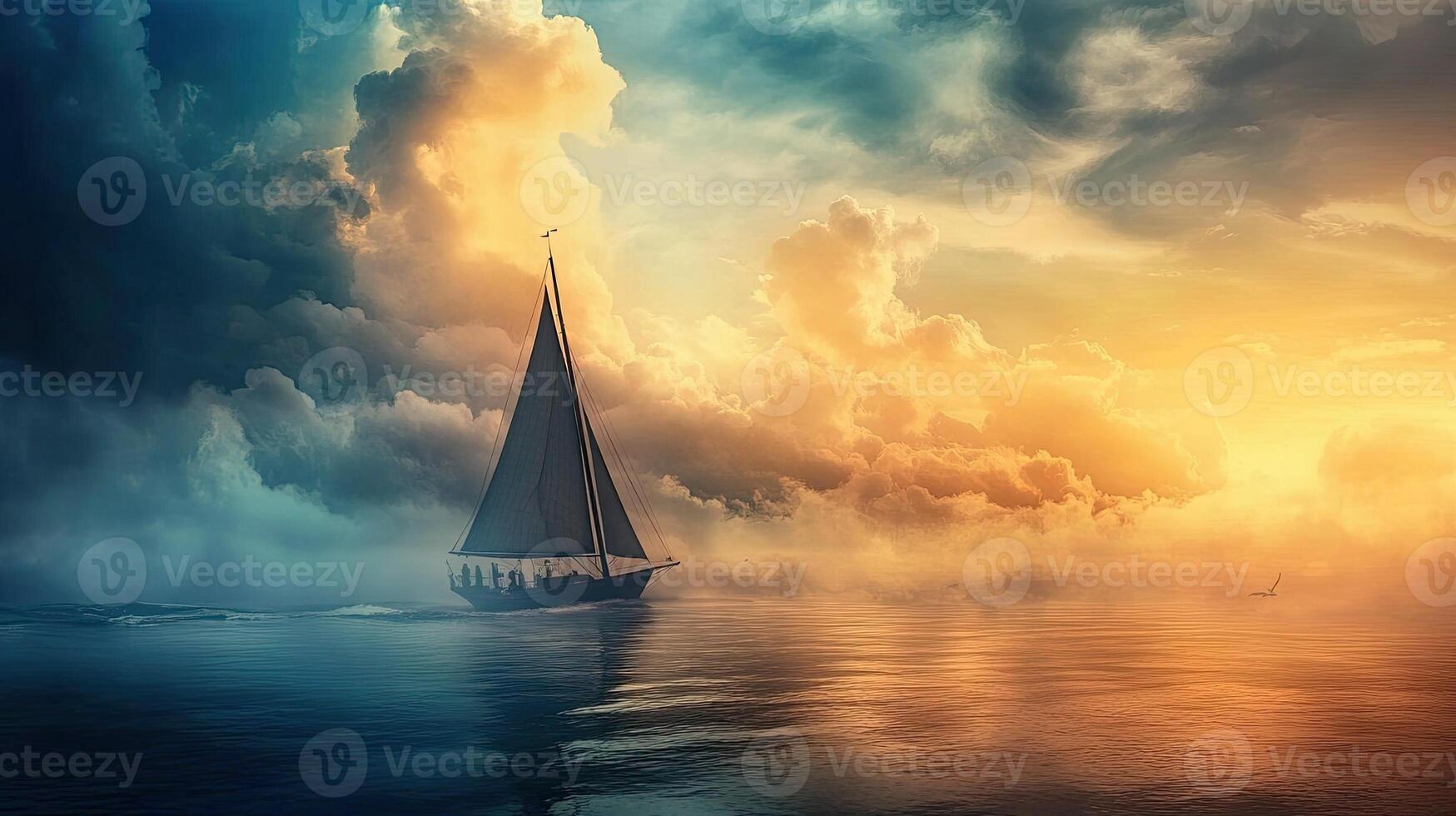 Majestic Sailboat Gliding on Calm Waters at Sunset with Dynamic Clouds Beautiful Seascape and Horizon with Warm Light photo
