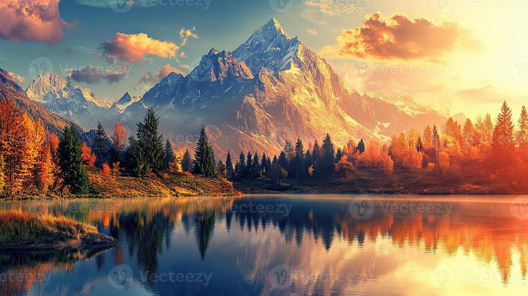Scenic Mountain Lake Landscape with Autumn Foliage Reflection and Warm Sunset in Tranquil Panorama photo