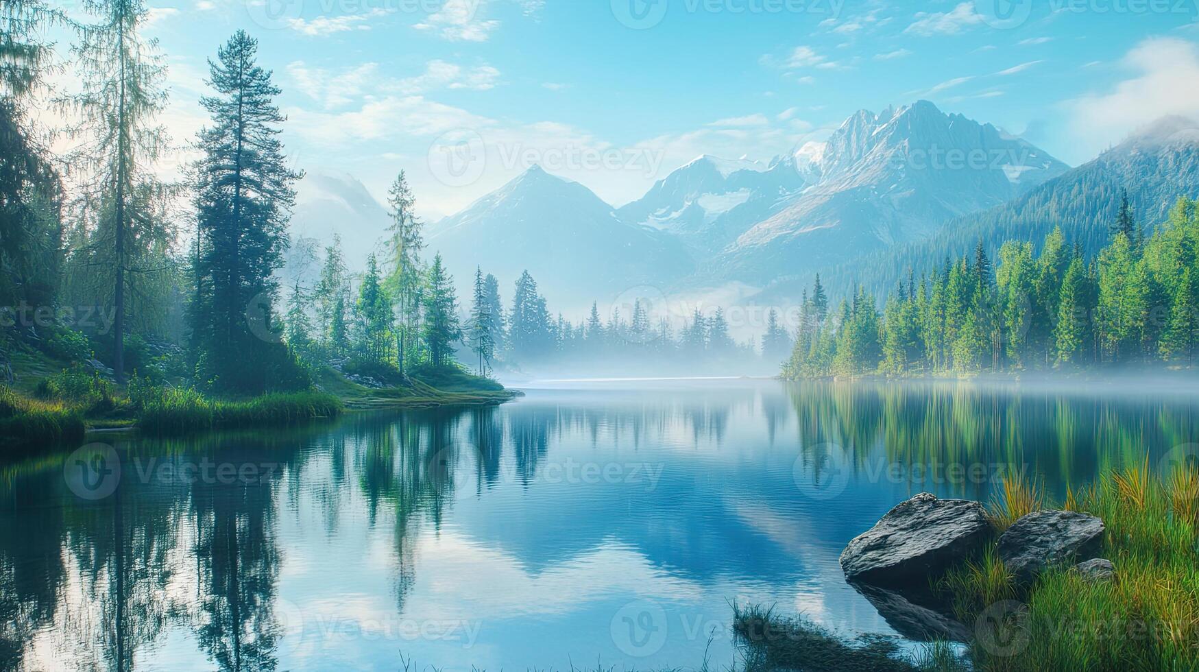 Scenic Mountain Lake with Reflections and Lush Greenery in Daylight photo