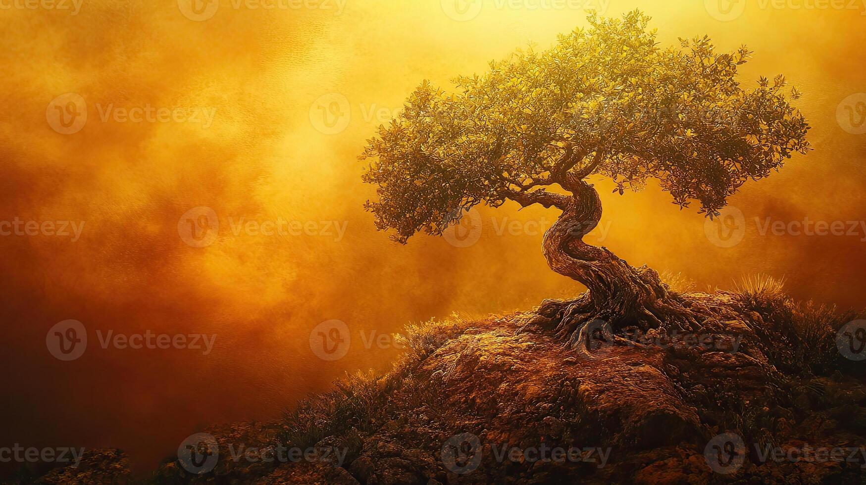 Golden Pixelated Tree on a Small Mound With Dreamy Abstract Background in a Warm Lighting photo