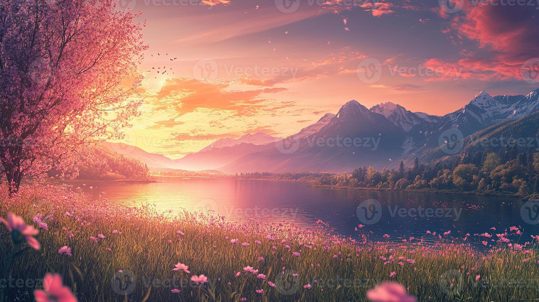 Scenic Sunset Landscape with Pink Blossoms Reflecting on Lake Surrounded by Majestic Mountains and Greenery photo