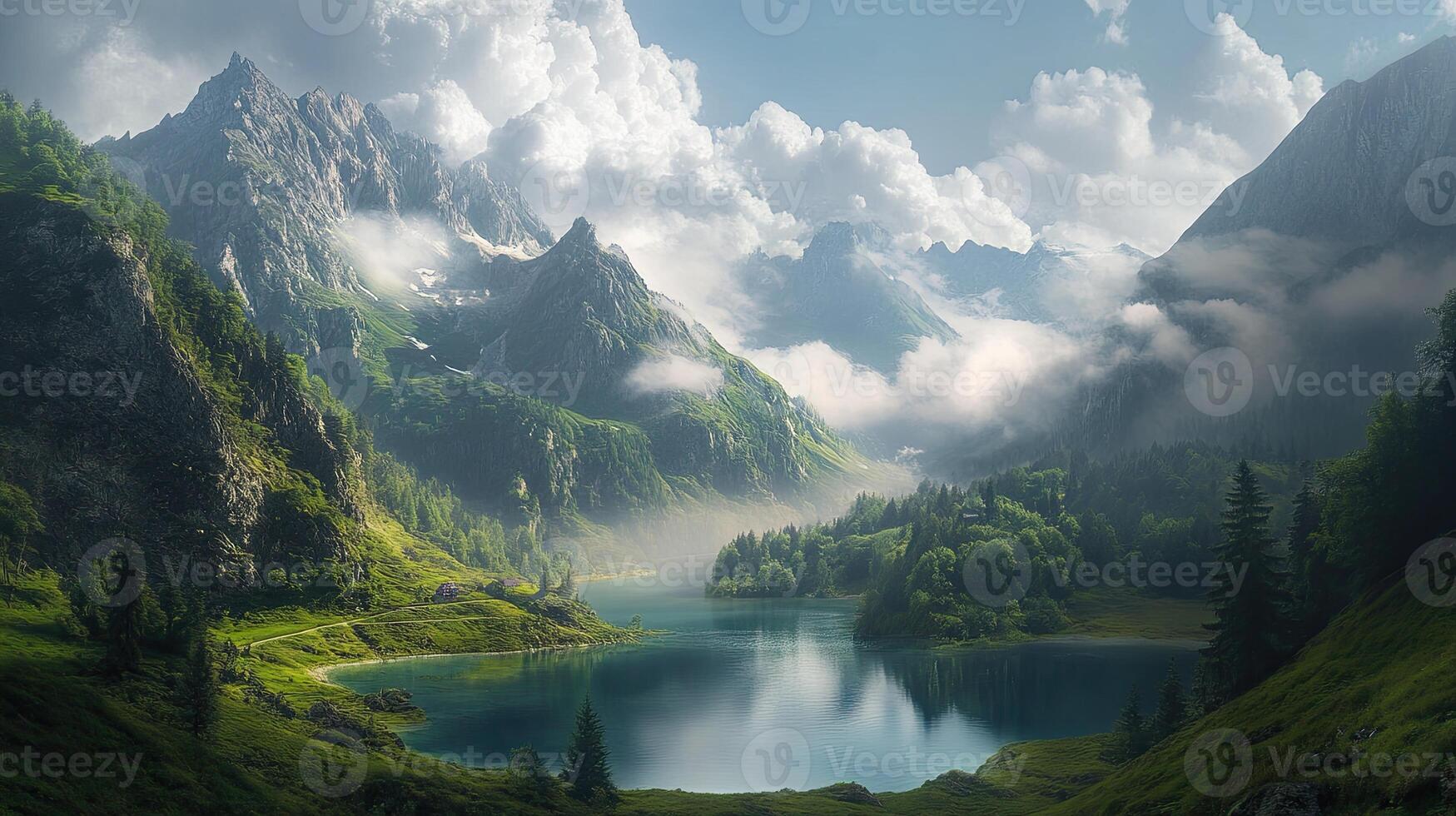 Majestic Mountain Vista with Emerald Lake and Lush Green Forest Under a Cloudy Sky in Broad Daylight photo