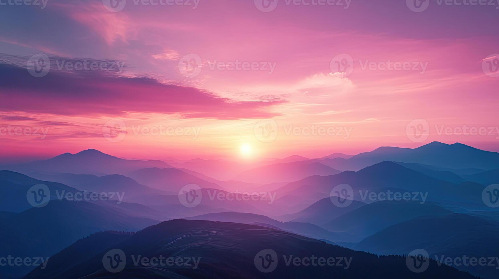 Vibrant Mountain Sunset with Pixelated Texture and Dramatic Pink Skies and Clouds photo