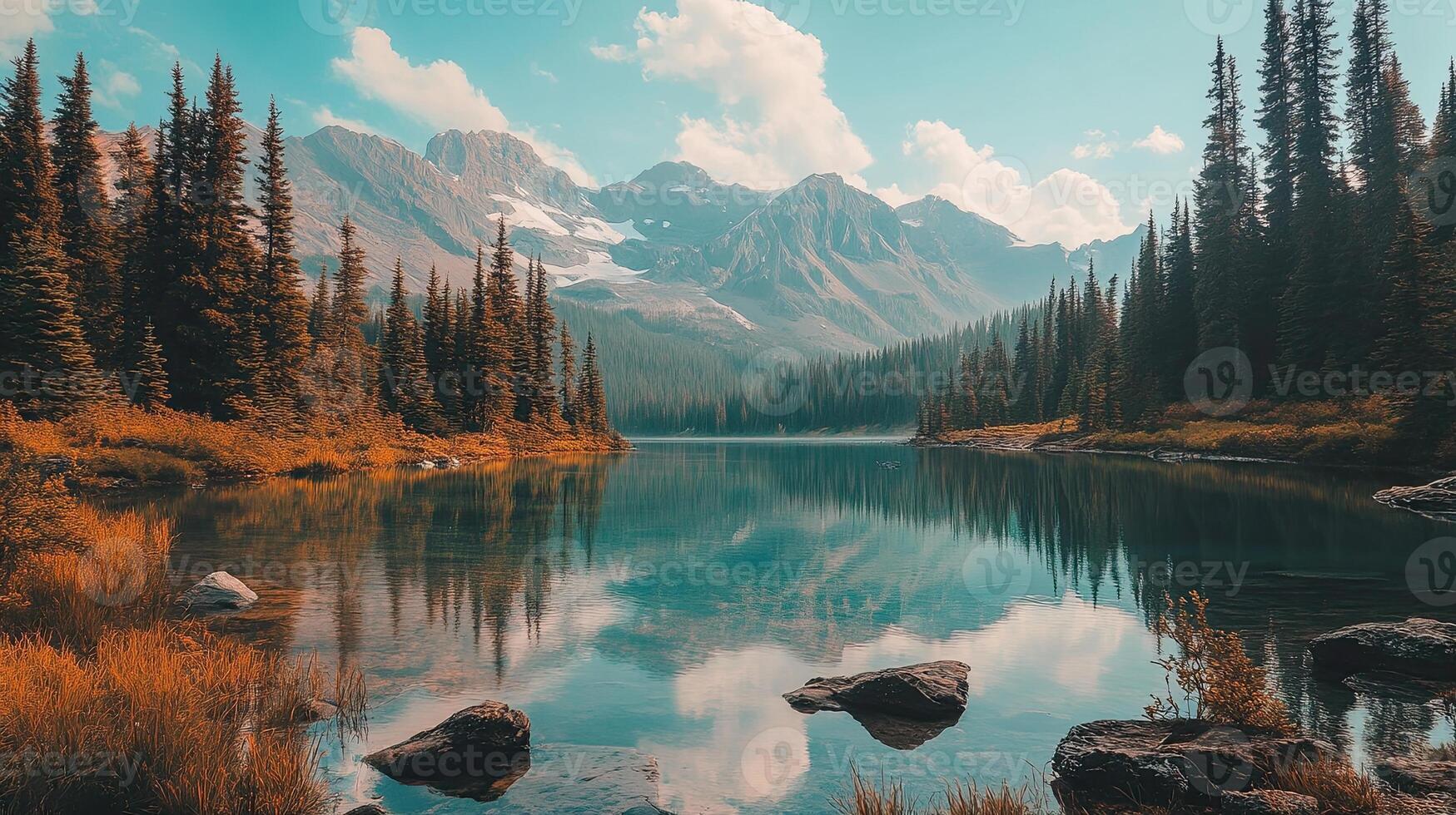 Picturesque Mountain Lake Reflecting Forest Landscape Under Cloudy Sky with Clear Water Surface and Rock Formations in Overcast Daylight photo