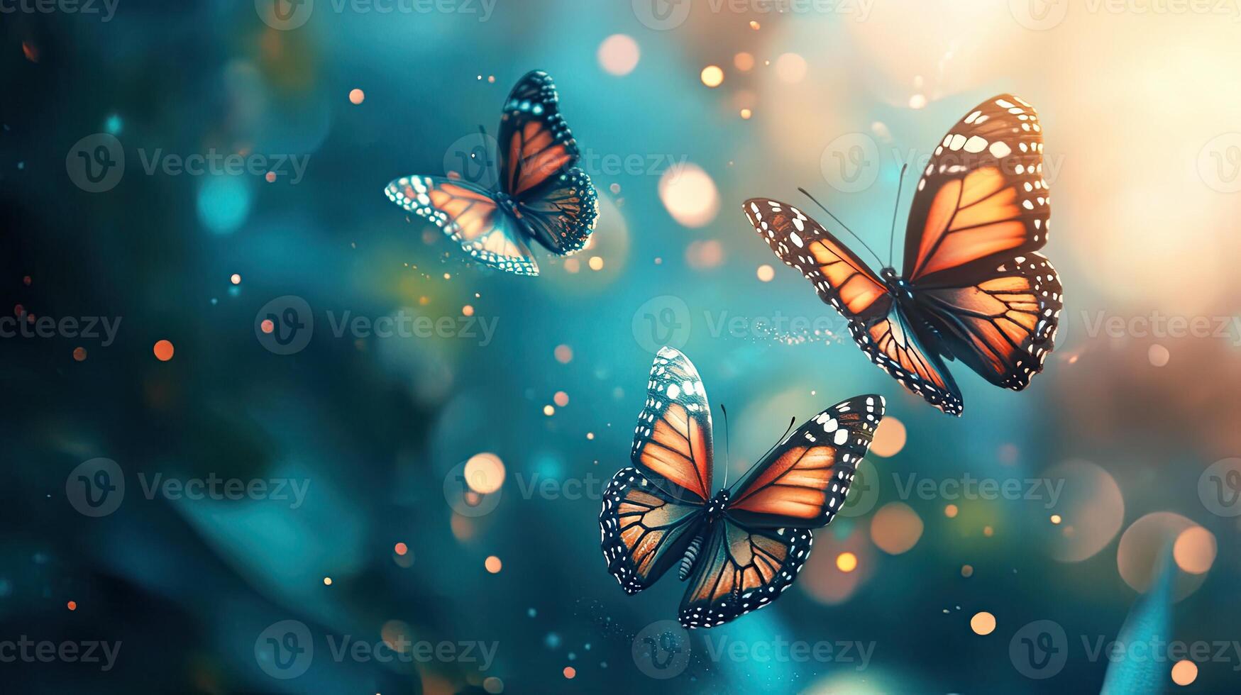 Three Orange Monarch Butterflies in Flight Against Blurred Turquoise Botanical Background with Bokeh Effect photo