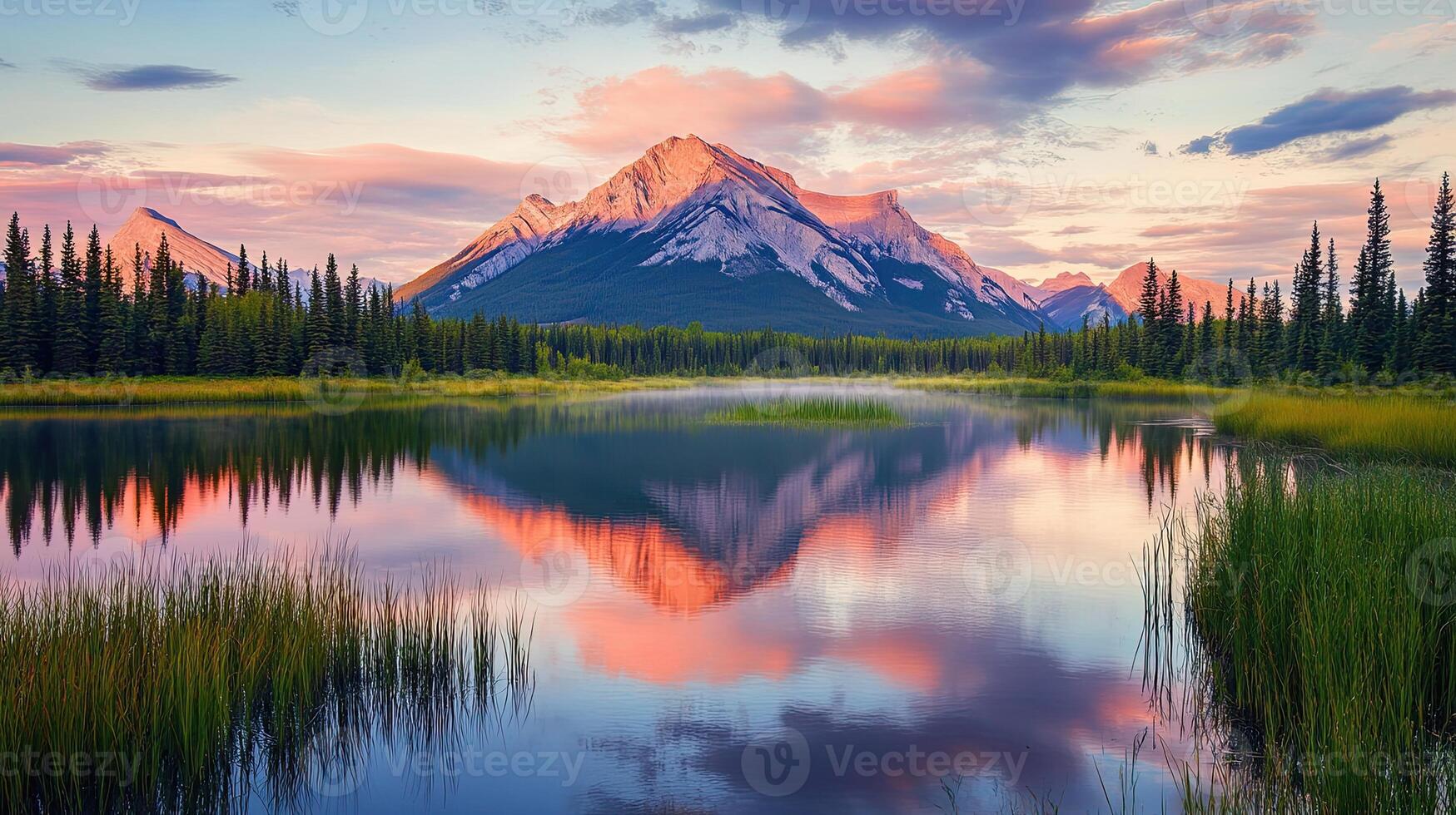 Pastel Sunrise Over Mountain Lake with Forest Reflections in Tranquil Wilderness Setting photo