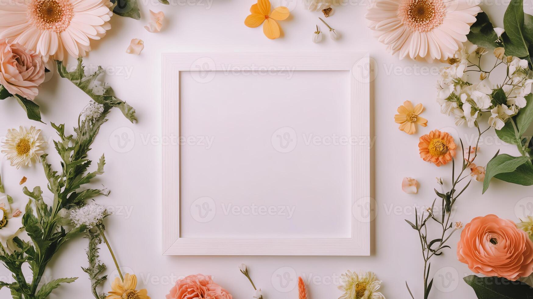 Floral Frame with Pastel Flowers and White Wooden Frame on White Background photo