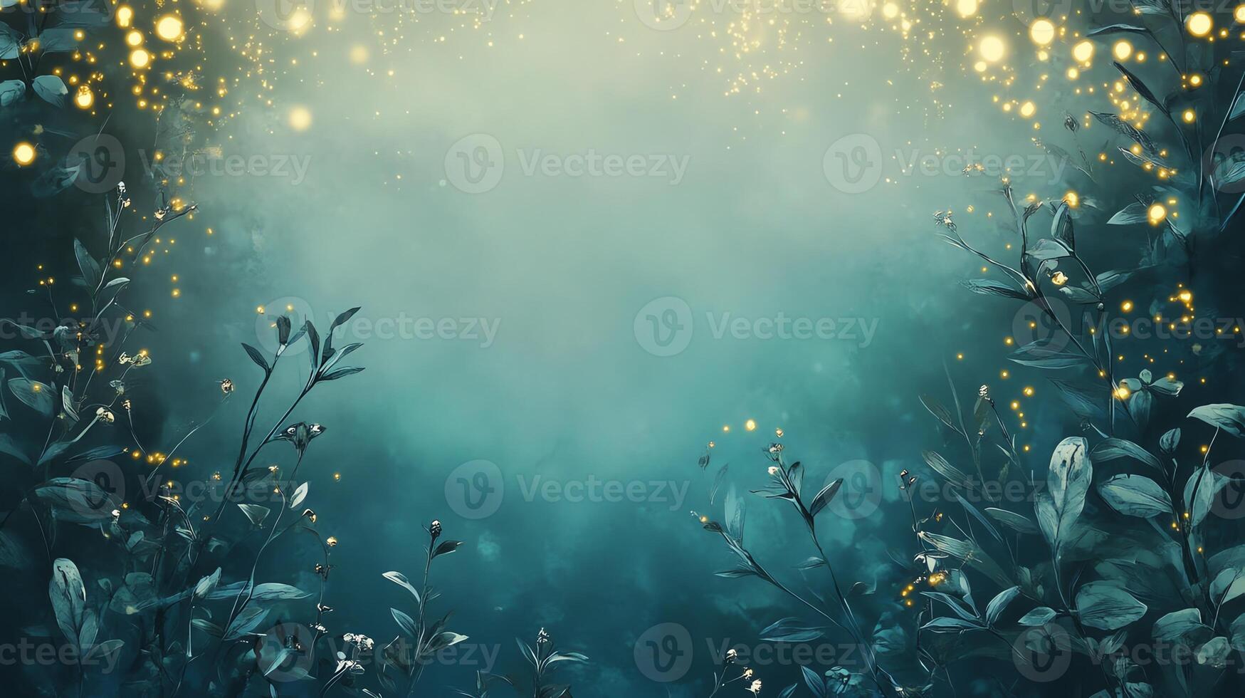 Abstract Festive Background with Golden Bokeh Lights and Dark Blue Foliage Border photo