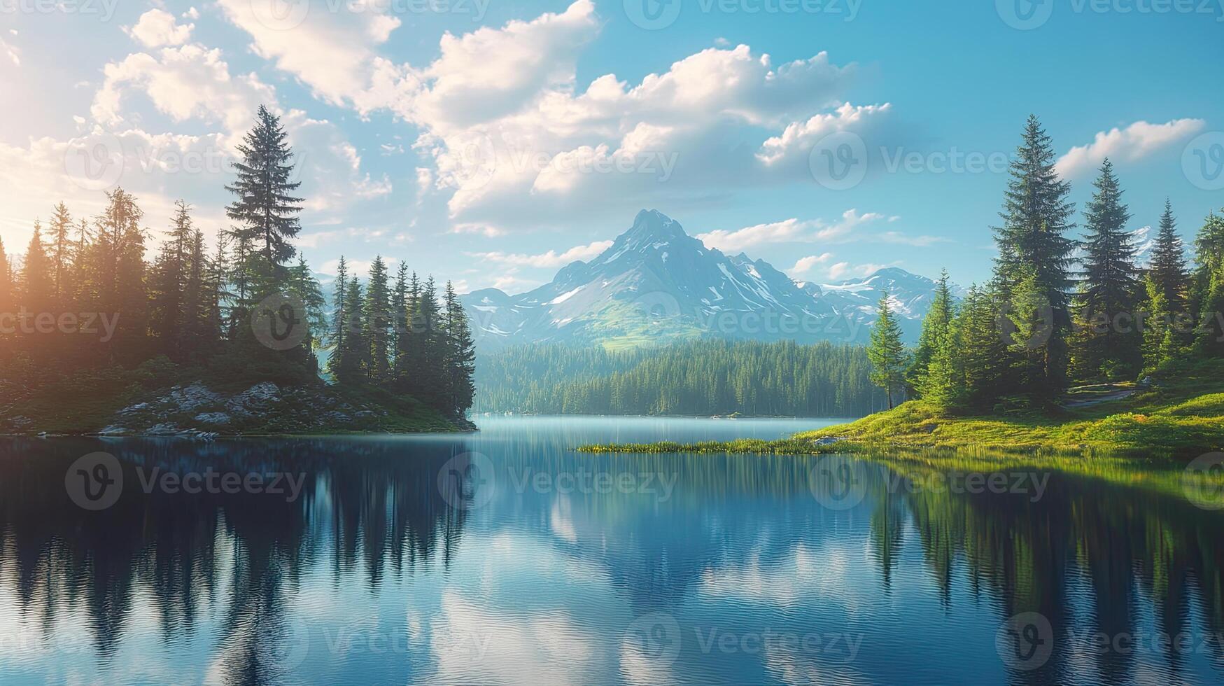Picturesque Lake Surrounded by Lush Green Trees with Majestic Mountains Under a Partly Cloudy Sky in a Pixelated Digital Art Style photo