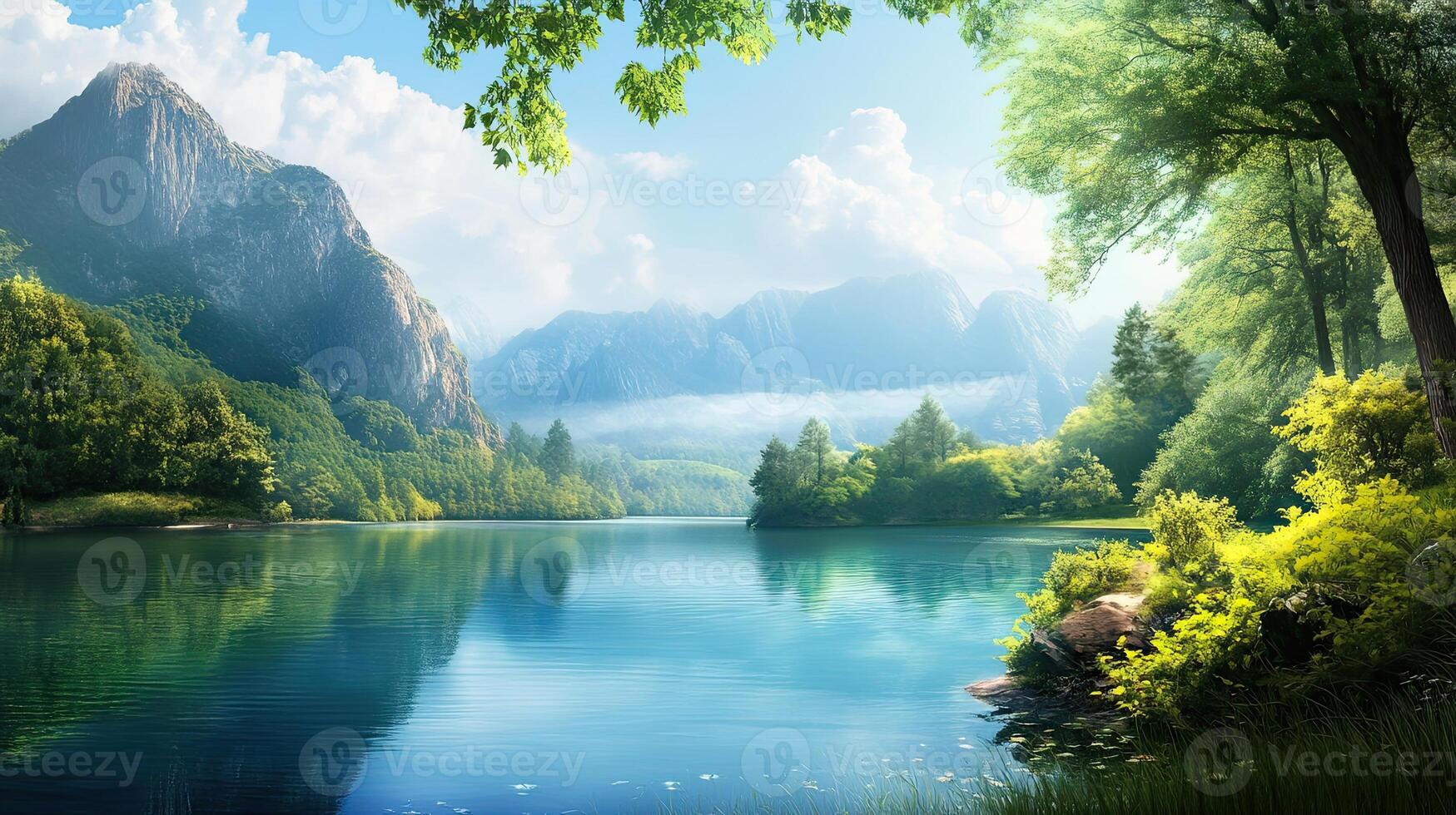 Scenic Lake Surrounded by Mountains and Green Forest in a Tranquil Landscape with Blue Sky and Water Reflections photo