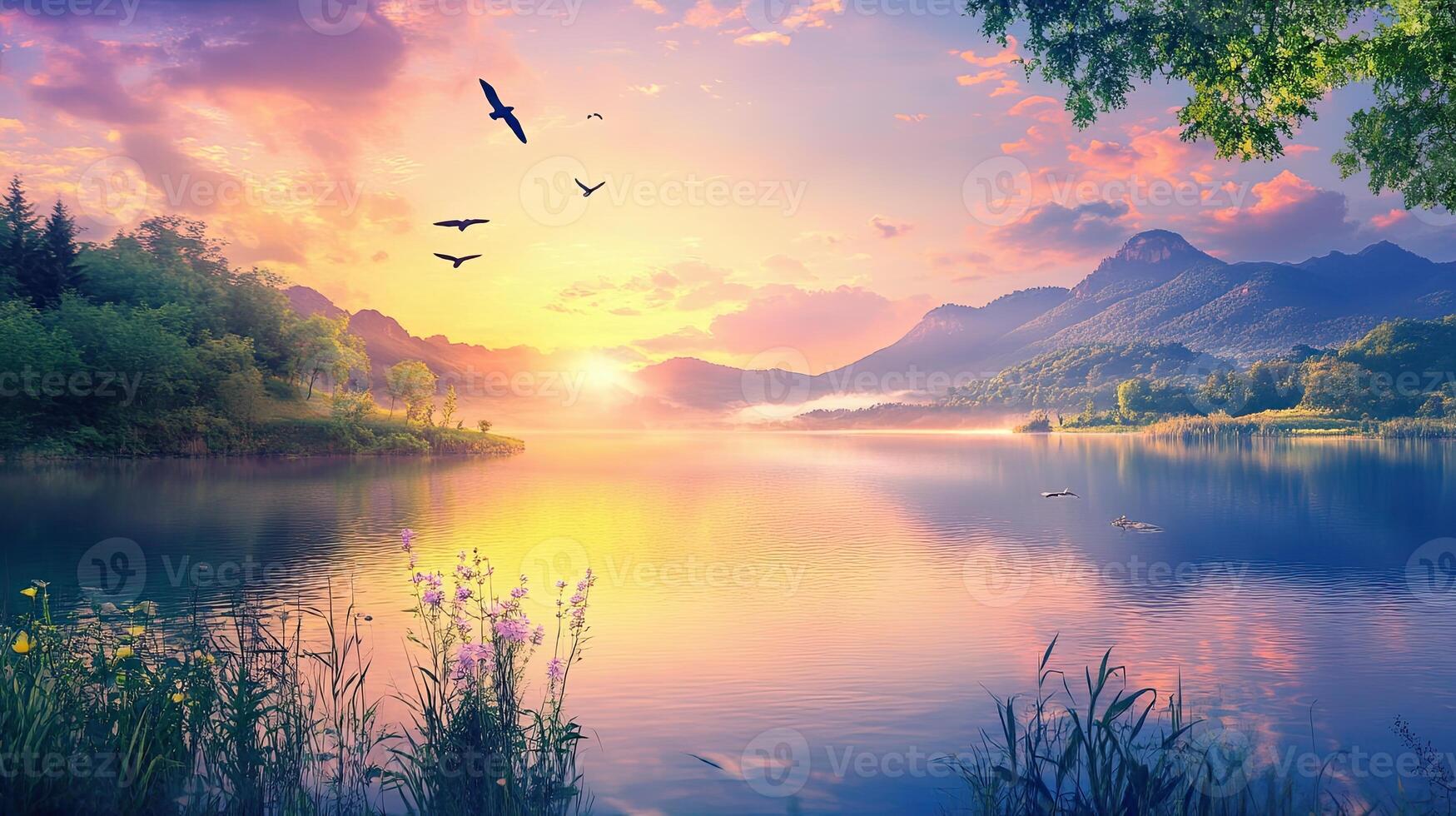 Scenic Lake View with Sunset Reflections on Water Mountain Backdrop with Lush Green Forest and Colorful Sky Warm Light photo