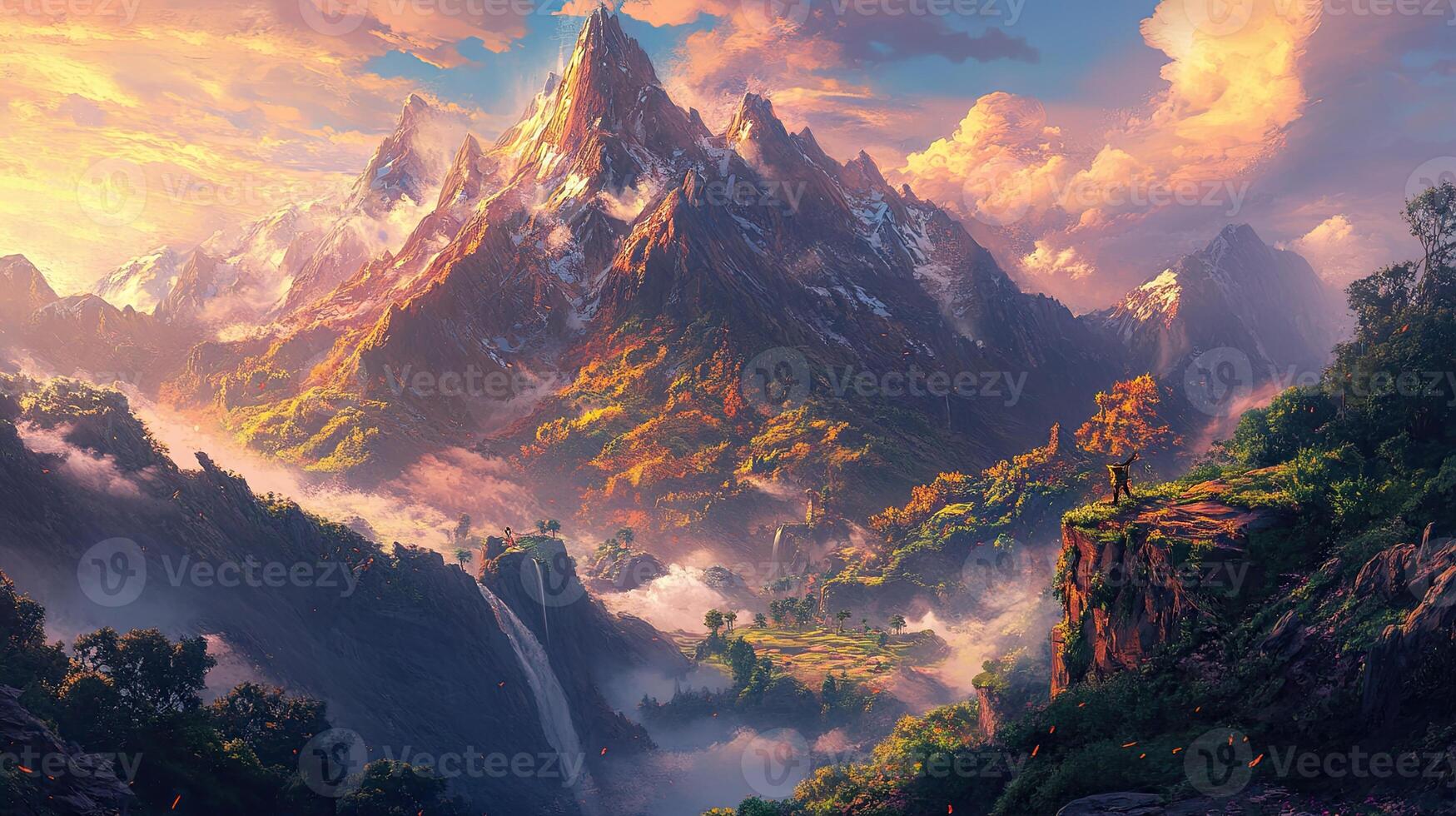 Pixelated Majestic Mountain Landscape with Golden Light Scenic Valley and Lush Forest Against Cloudy Sky photo