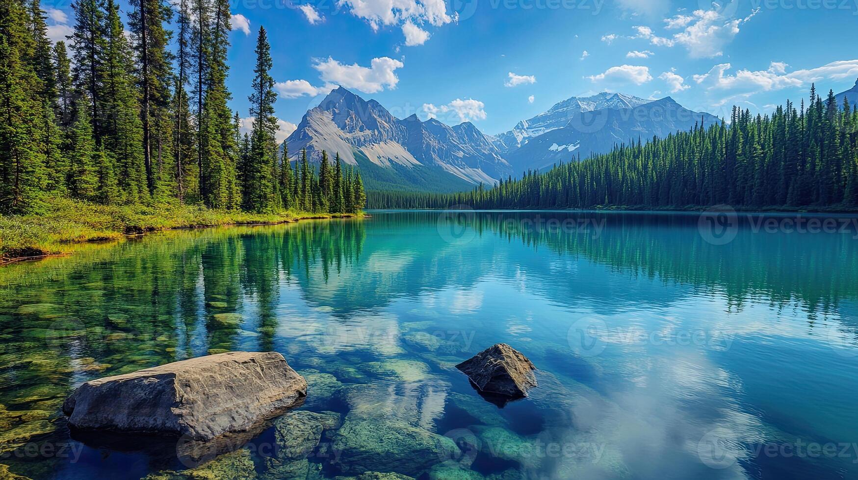 Turquoise Lake Reflecting Mountain Landscape Under Blue Skies With Green Trees and Large Boulders Forming the Shoreline and Mountains in the Distance photo