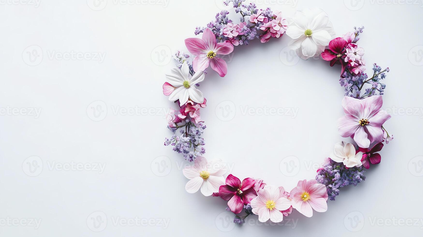 Pastel Pink Purple White Flower Wreath on White Background photo