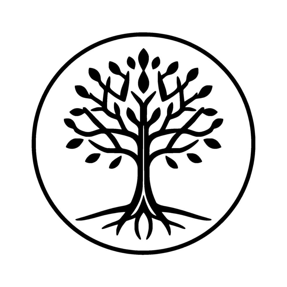 Stylized Black White Tree of Life , Enclosed Within a Circular Frame, Evoking Nature and Growth. vector