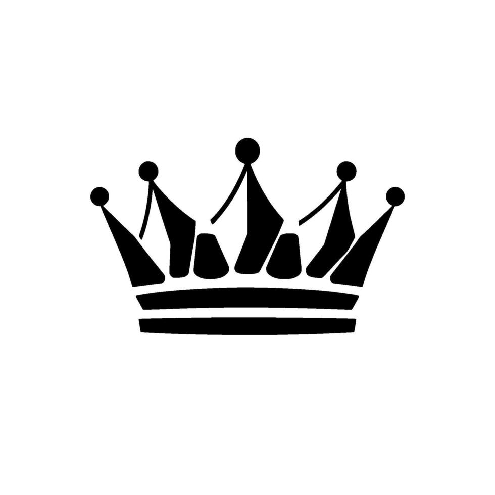 A minimalist, highcontrast black and white crown illustration, featuring a stylized with pointed arches, ornate detailing, and a regal appearance, set against a pristine white backdrop. vector