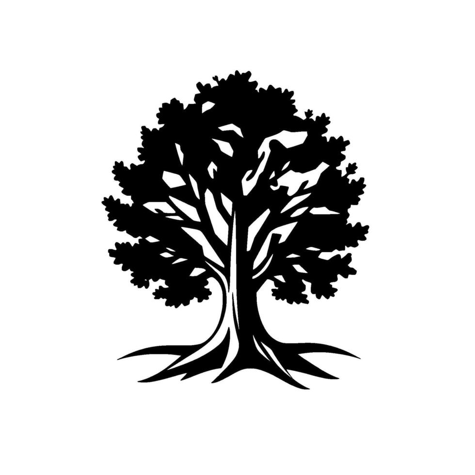 Silhouette of a majestic oak tree with intricate foliage, prominent roots, and a stark black and white contrast, symbolizing natures resilience. vector