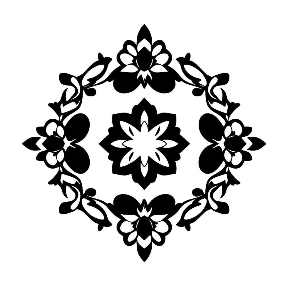 Symmetrical Black and White Floral Motif with Central Starburst in a Circular Diamond Frame. vector