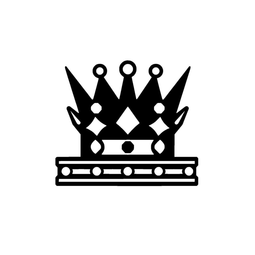 Elegant black and white stylized crown illustration, featuring diamonds, circles, spikes, and a decorative base, isolated on white background. vector