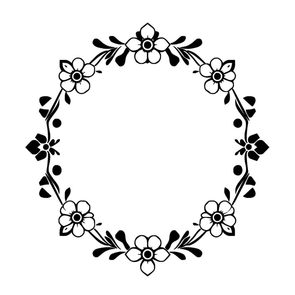 Elegant Circular Floral Frame in Black and White, Botanical with Flowers, Leaves, and Ornate Details. vector