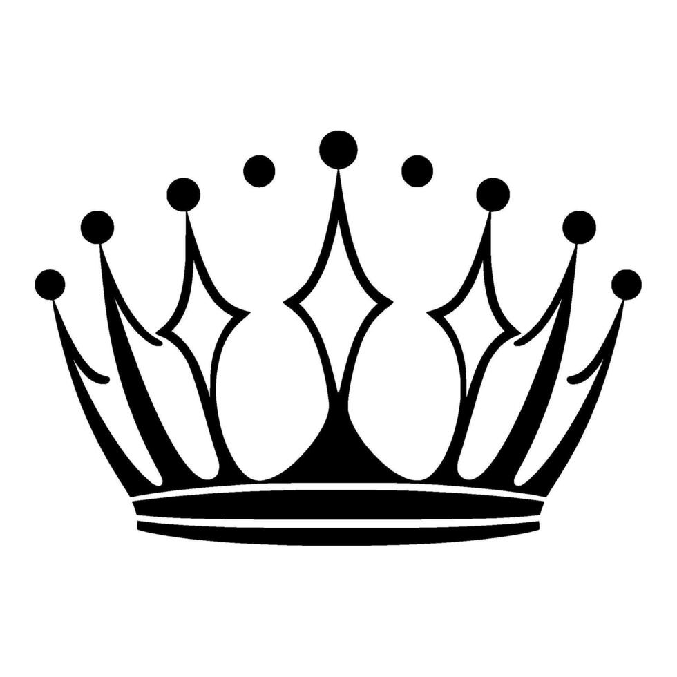 Black and white royal crown emblem with diamondshaped designs, circular accents, and symmetrical, bold elements. vector