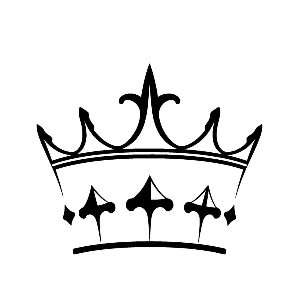 Regal black and white illustration of a stylized crown, featuring ornamental fleurdelis elements and elegant curves, set against a stark white background. vector