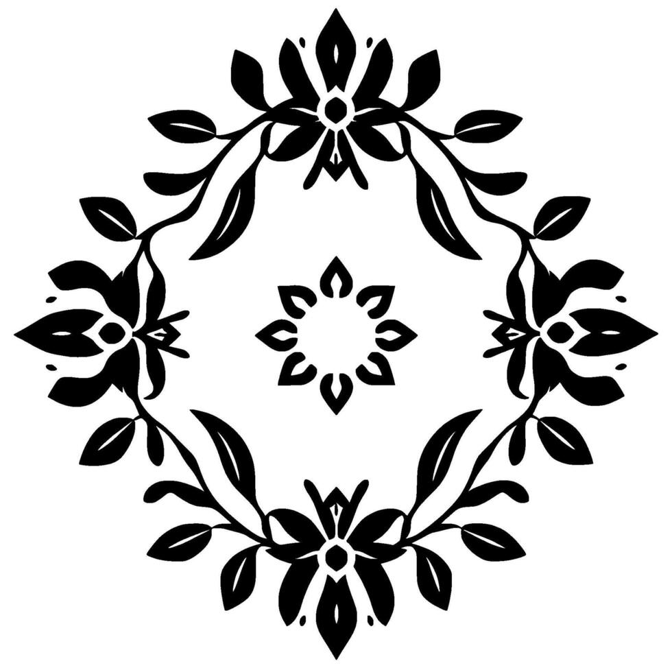 Symmetrical Floral and Leaf Pattern in Black and White, a Circular, Minimalistic Decorative . vector