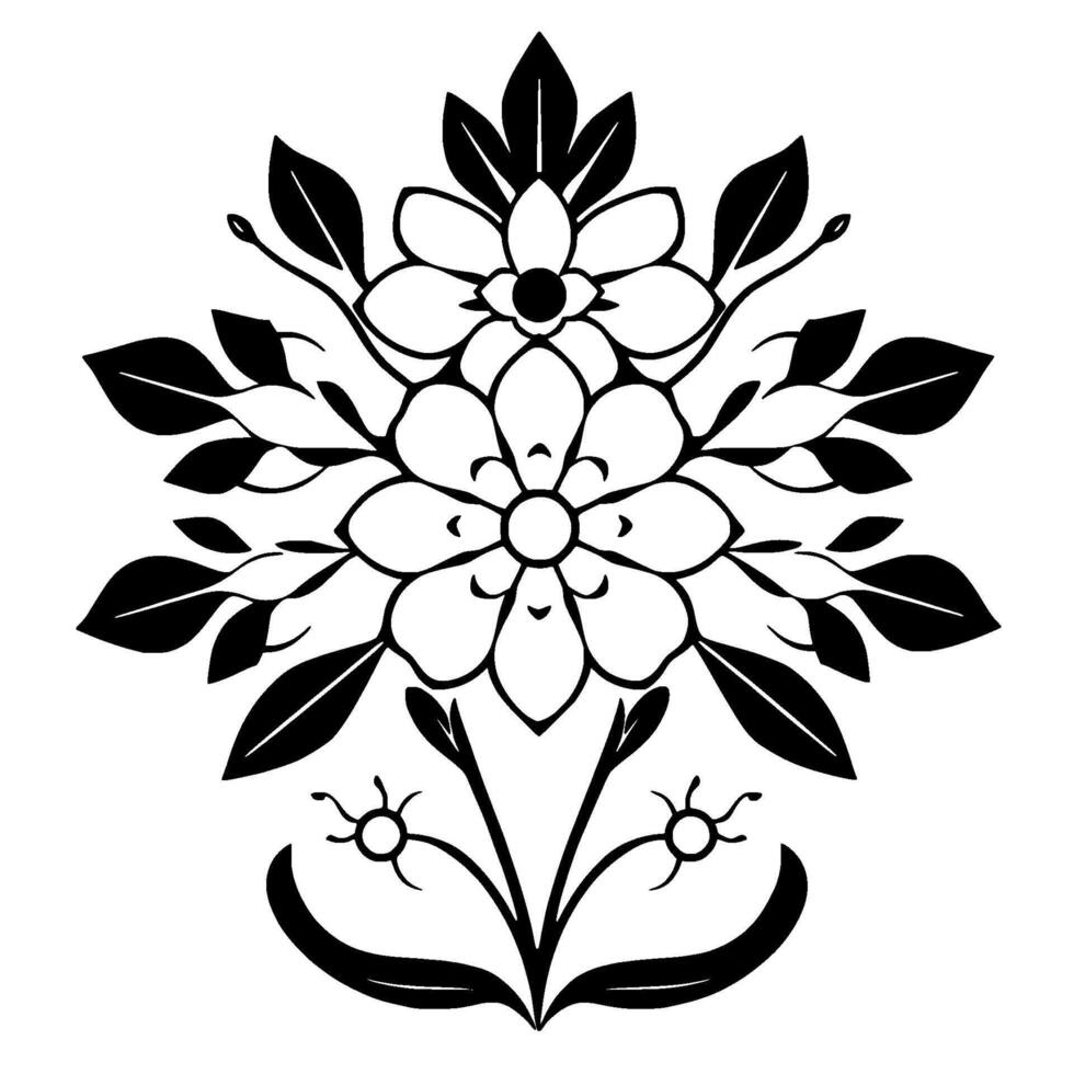 Symmetrical floral in black and white, featuring stylized blossoms, leaves, and ornate stems, creating a balanced and elegant visual pattern. vector