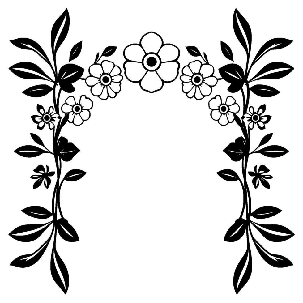 Graceful Black Floral Archway Elegant Featuring Flowers, Leaves, and Botanical Symmetry on White Background. vector