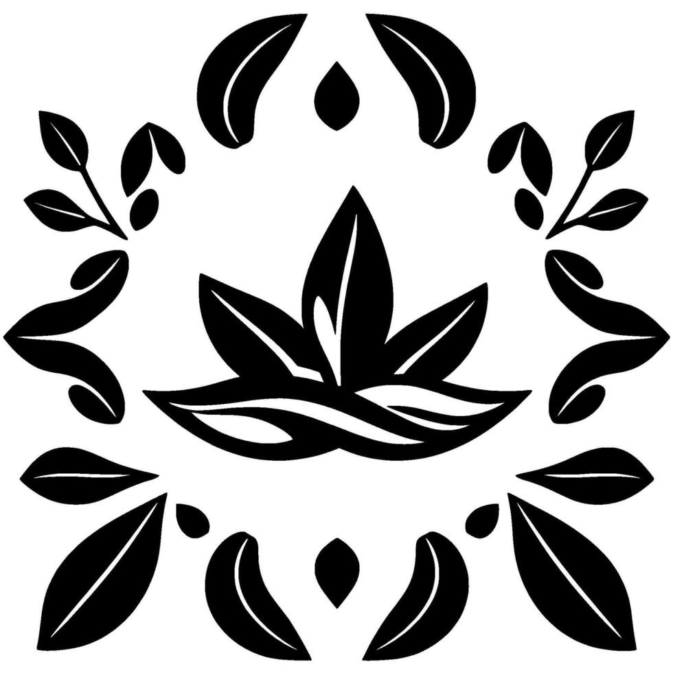 Symmetrical black floral with leaves, petals, and sprigs, centered on a white background, evoking elegance and simplicity. vector