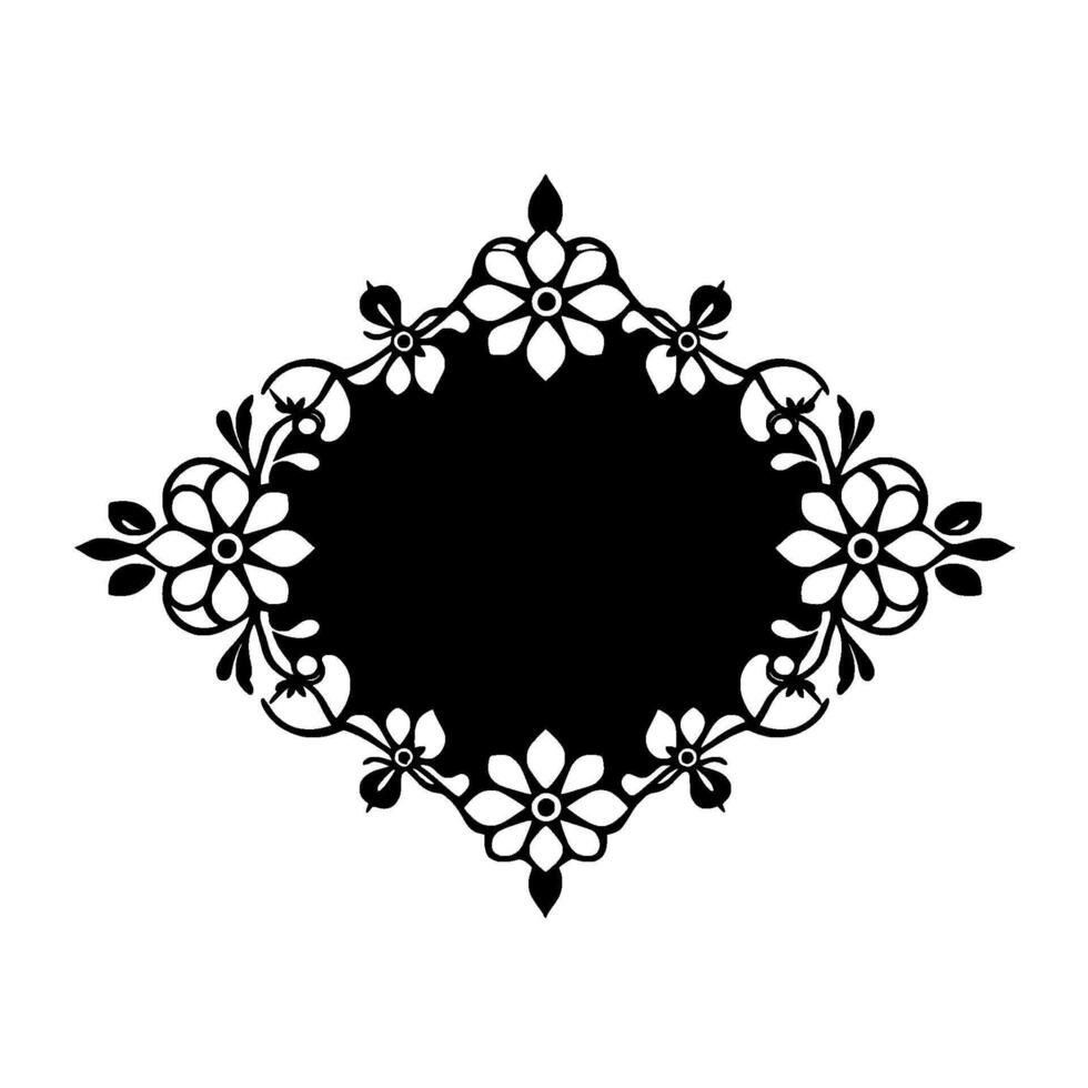 Intricate Black and White Floral Frame An ornamental diamondshaped with delicate flower and leaf motifs surrounding a central black space. vector