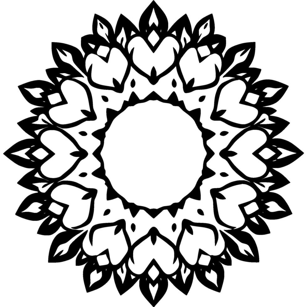 Intricate black and white circular floral mandala , symmetrical arrangement of heart and leaf shapes, centered empty space. vector